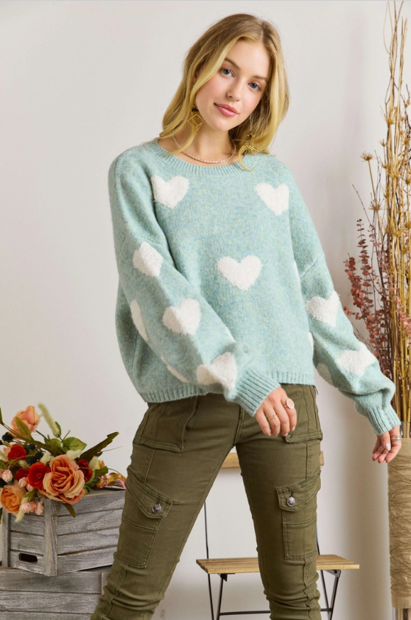 Adora Lovely Heart Sweater  Sage