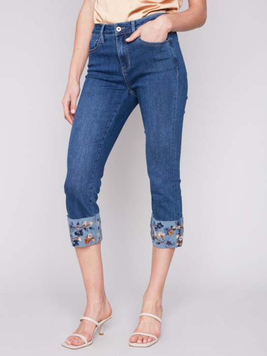 Charlie B Cropped Embroidered Cuff Jeans