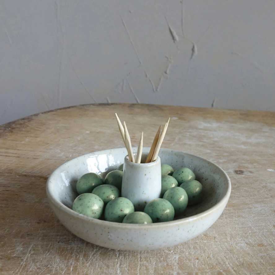 Creative Co-Op Stoneware Dish with Toothpick Holder 