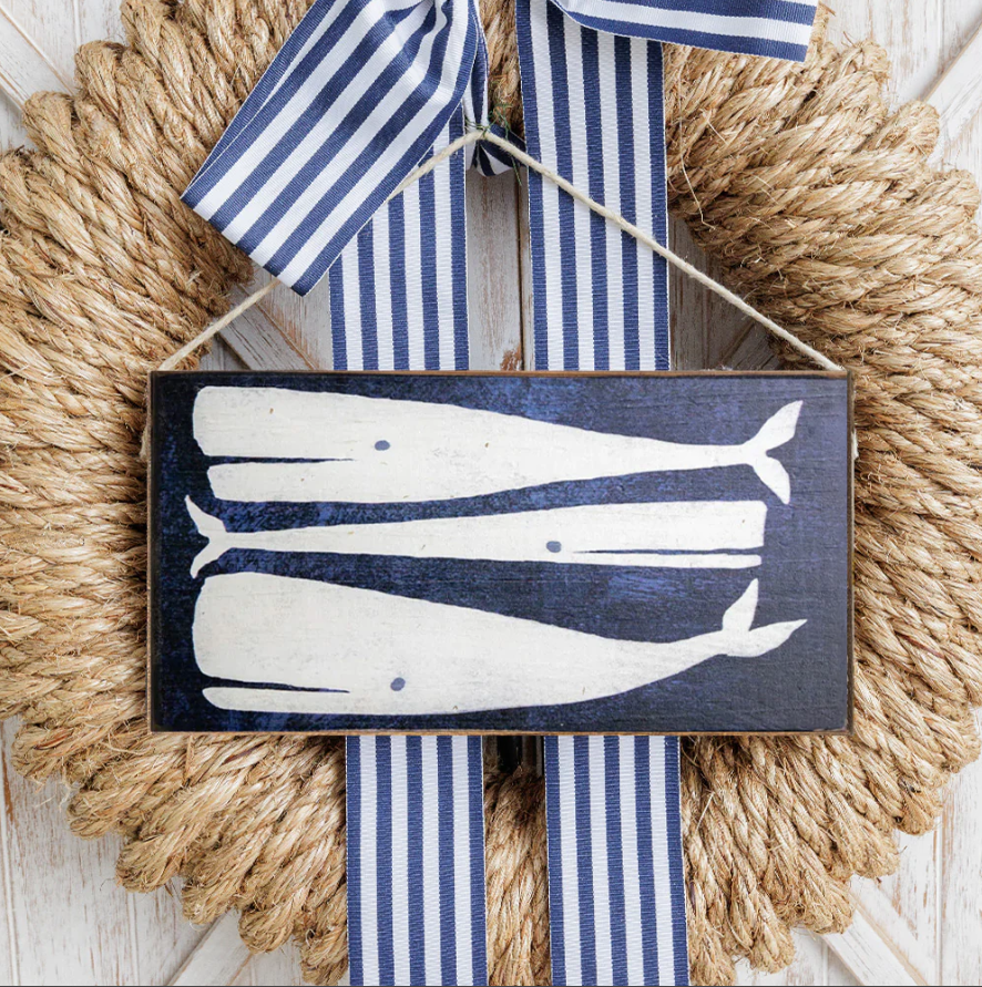 Rustic Marlin Three Whales Twine Hanging Sign