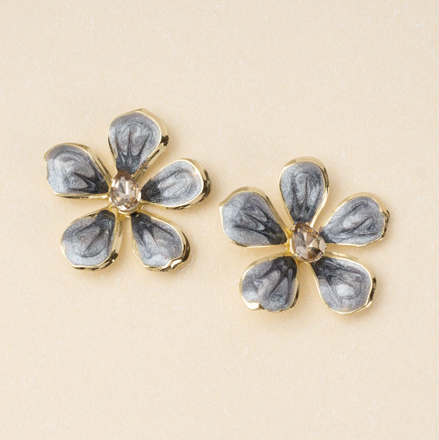 Sparkle & Shine Lg Enamel Flower Earring - Warm Gray/Gold