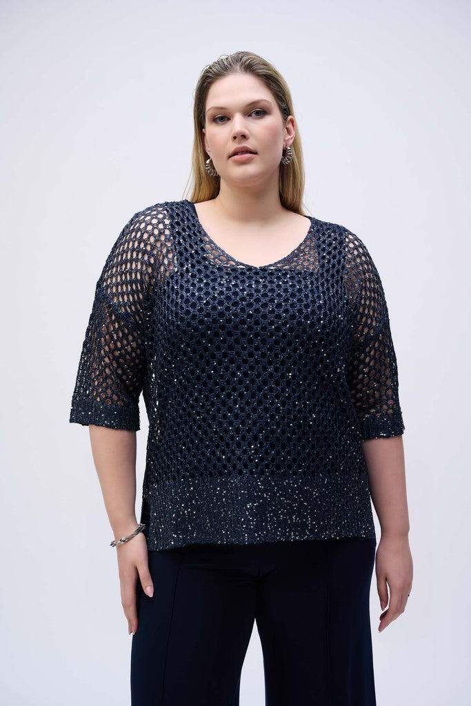 Joseph Ribkoff Open Stitch Sweater with Sequins Midnight Blue