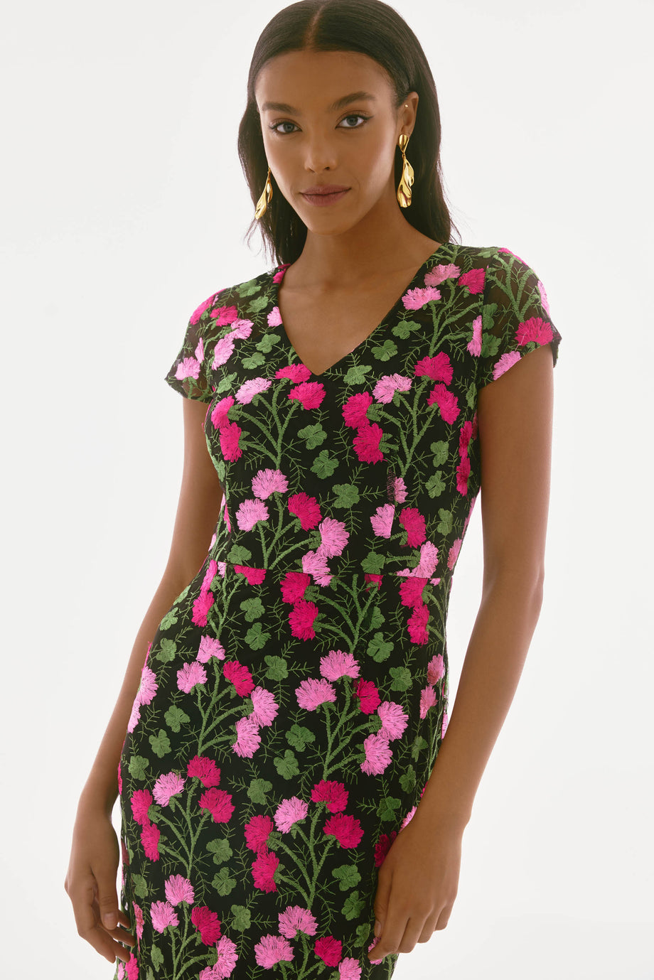 green emerald velvet dress Floral Embroidered Flounce Dress with Sheer Short Sleeves in Black Berry