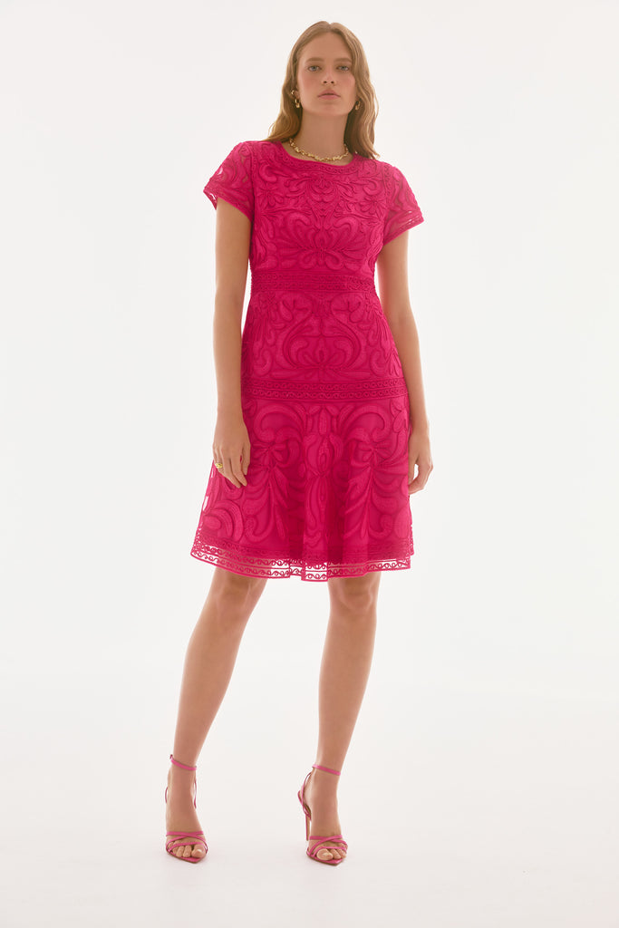 Joseph Ribkoff Embroidered Mesh Fit and Flare Dress Geranium 