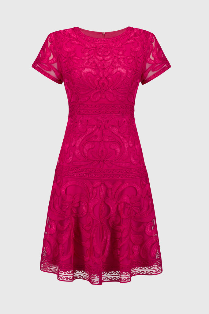 Joseph Ribkoff Embroidered Mesh Fit and Flare Dress Geranium 