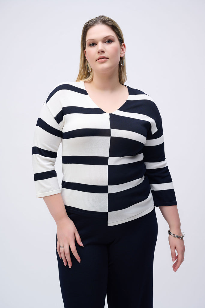 Joseph Ribkoff Striped Sweater Knit V-Neck Pullover