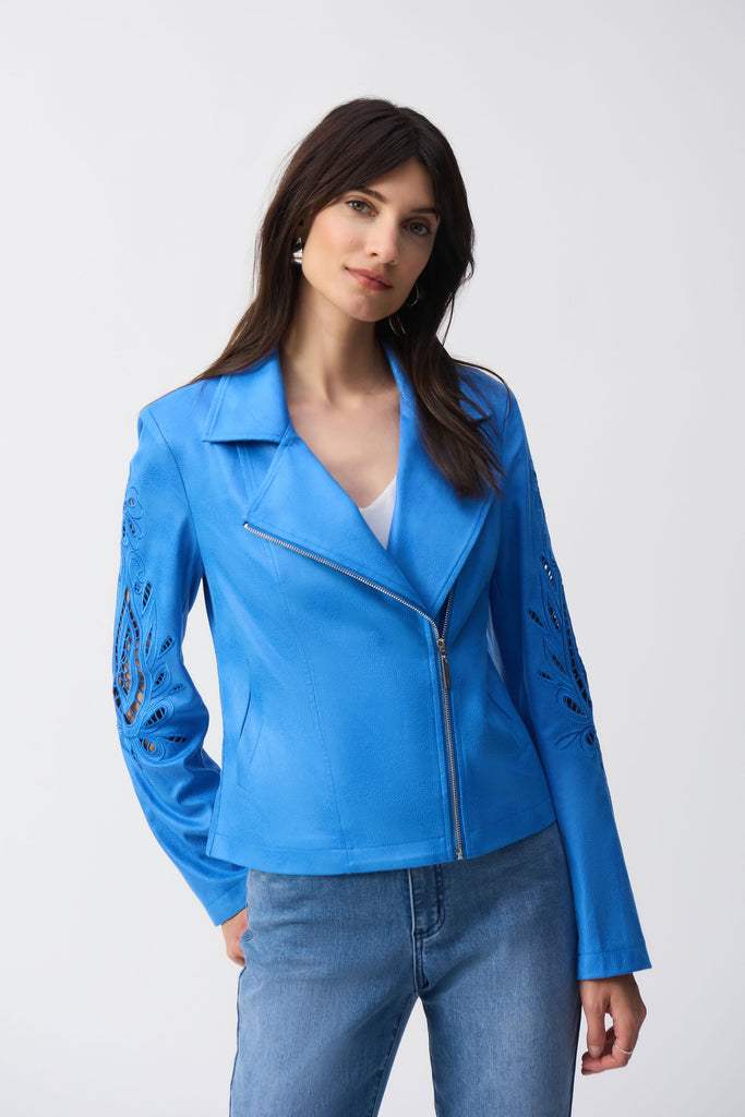 Joseph Ribkoff Foiled Faux-Suede Moto Jacket Coastal