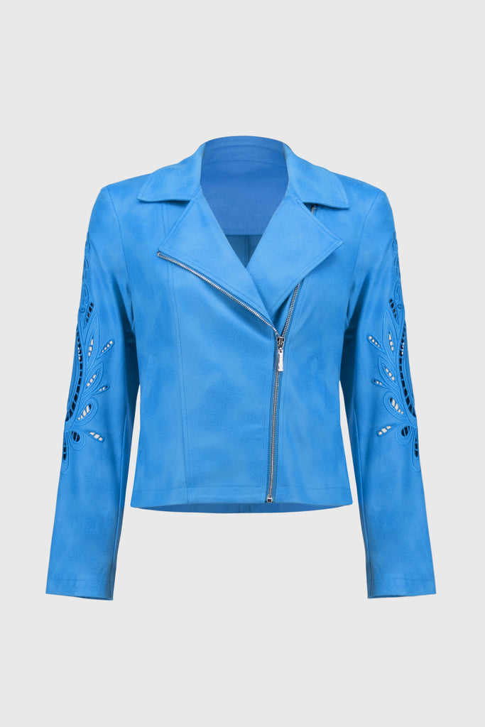 Joseph Ribkoff Foiled Faux-Suede Moto Jacket Coastal