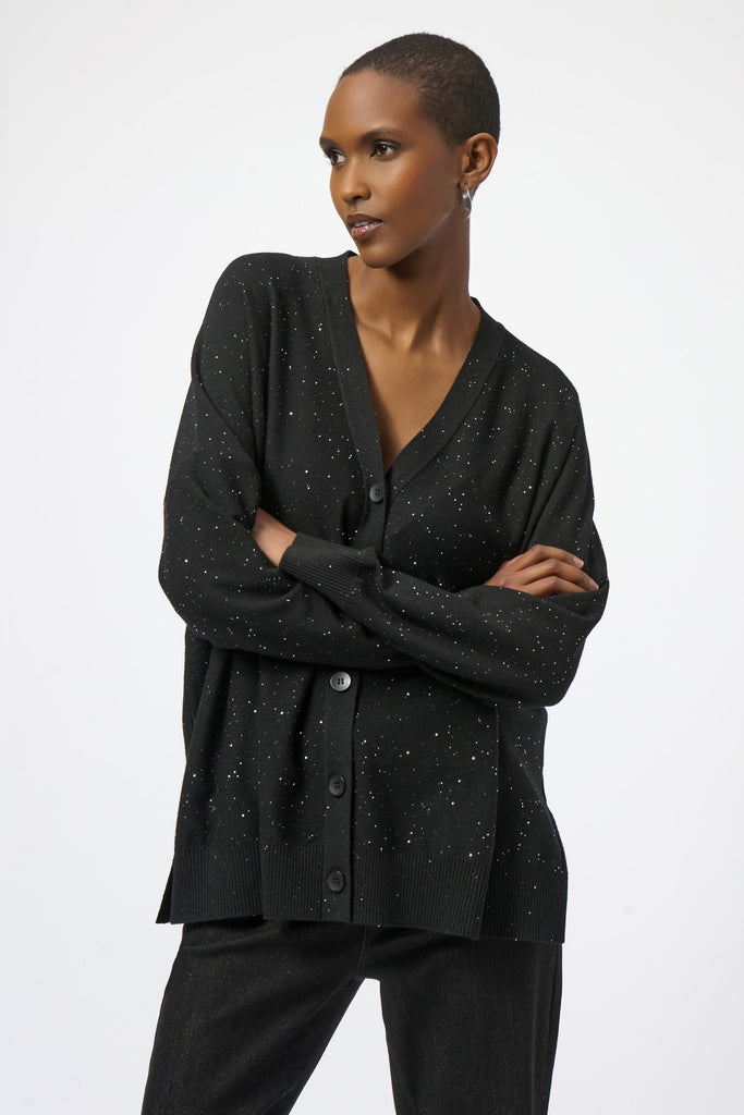 Joseph Ribkoff sequined sweater knit cardigan with V-neck and button front