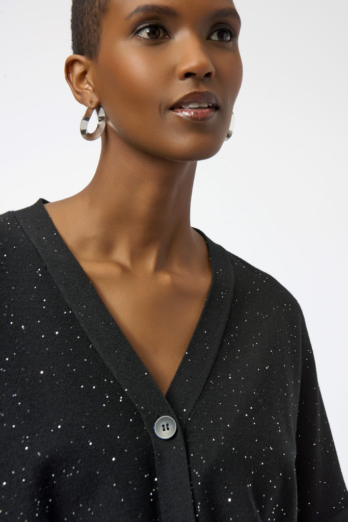 Close-up of sequined yarn detail on Joseph Ribkoff button-front cardigan