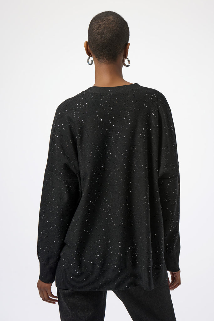 Back view of Joseph Ribkoff sequined sweater knit V-neck cardigan
