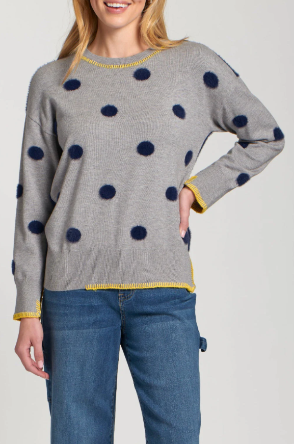 APNY Polka Dot Sweater in grey with navy dots and yellow trim