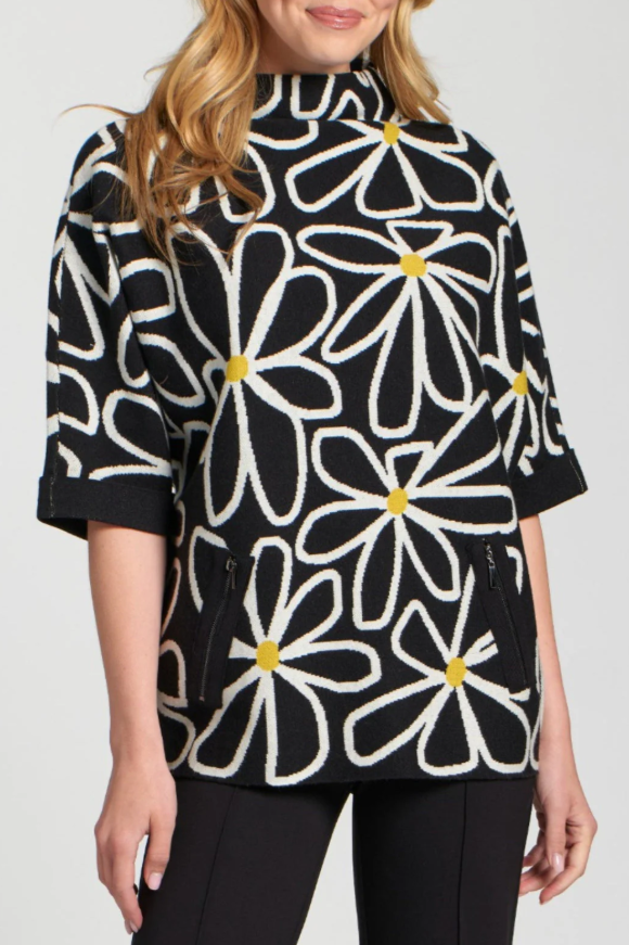 Whimsical Floral Sweater with daisy print and mock neck