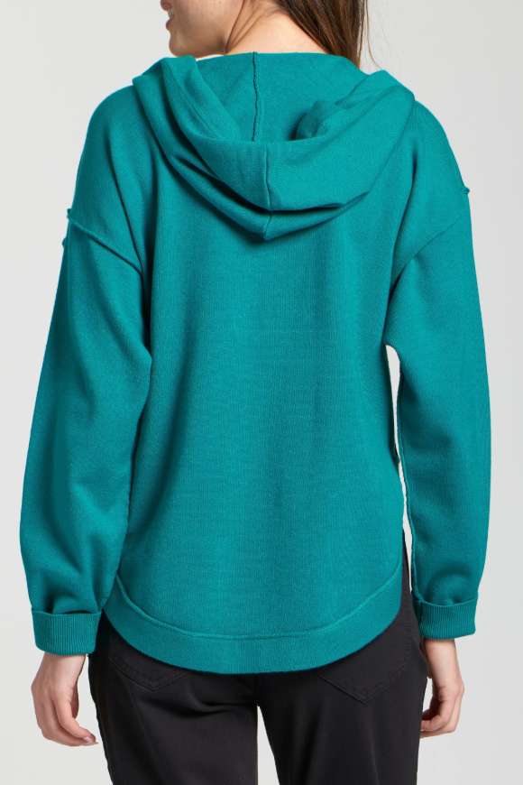 Cozy teal hooded knit sweater with long sleeves