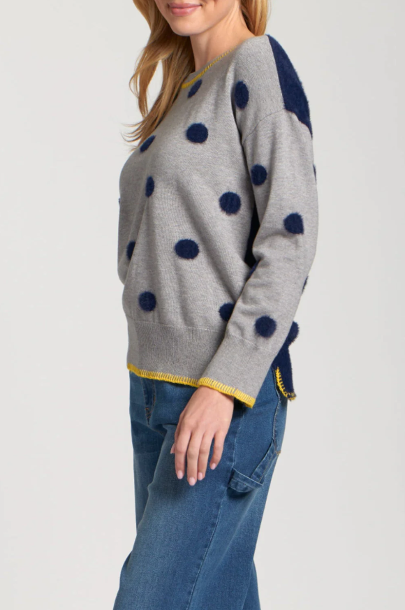Cozy grey sweater with navy fuzzy dots and yellow ribbed trim