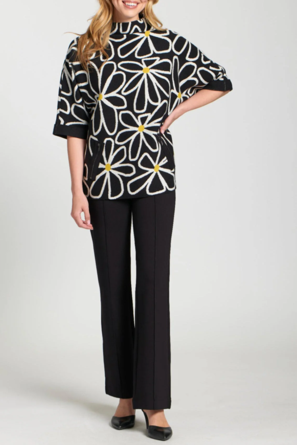 Soft floral sweater with elbow-length sleeves and high neckline