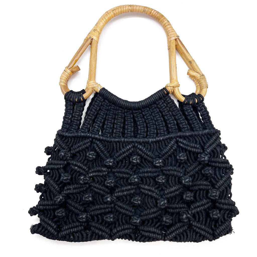 Anju Jolene Bag – Cotton Macrame Bag With Cane Handles Black