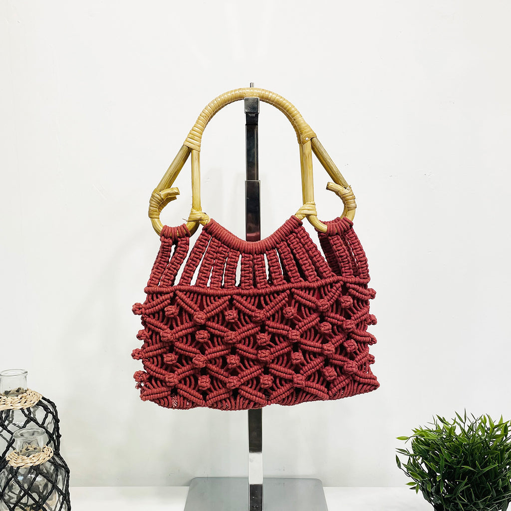 Anju Jolene Bag – Cotton Macrame Bag With Cane Handles Rust