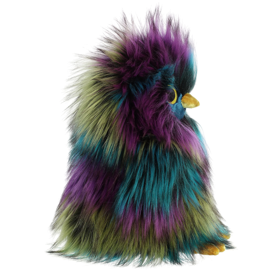Multicolored plush owl with fluffy purple, blue, black, and yellow feathers, featuring large bright yellow eyes and a soft, luxurious texture.
