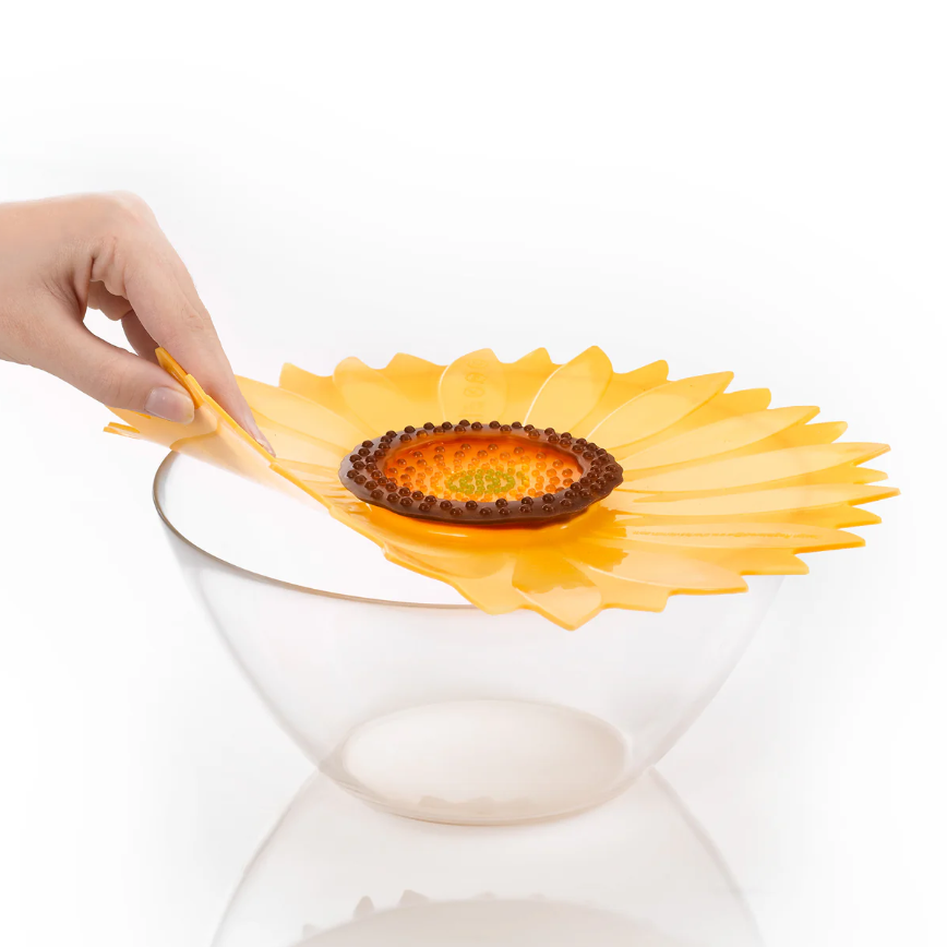 Charles Viancin 8-inch floral silicone lid on glass bowl in Sunflower design