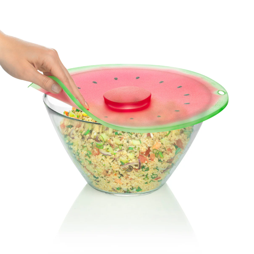 Charles Viancin 8-inch floral silicone lid on glass bowl in the Watermelon style