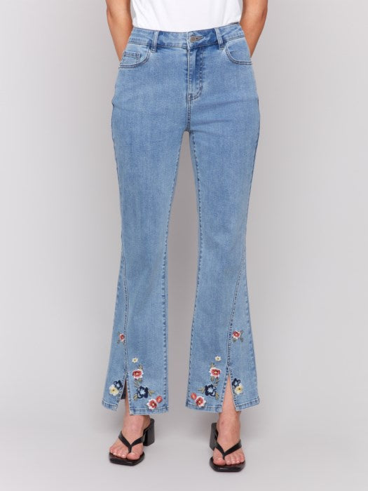 Charlie B Floral Embroidered Bootcut Jean Light Blue