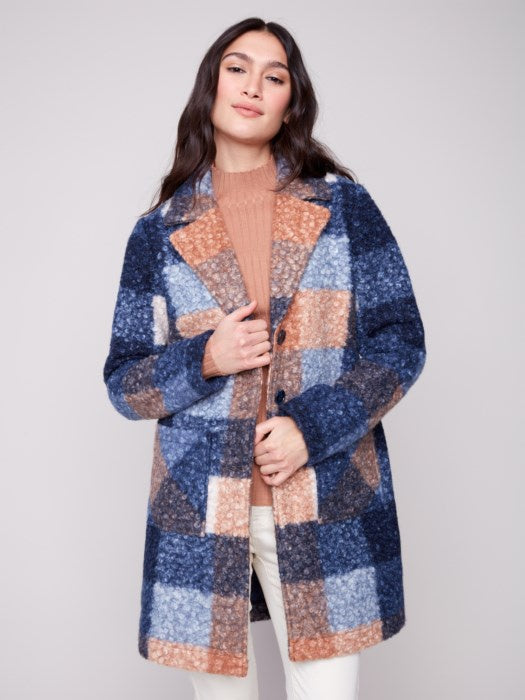 Charlie B plaid bouclé knit coat in orange and blue with tailored collar