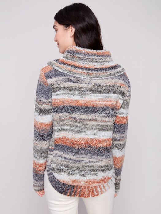 Charlie B fall sweater with oversized cowl and rounded hem
