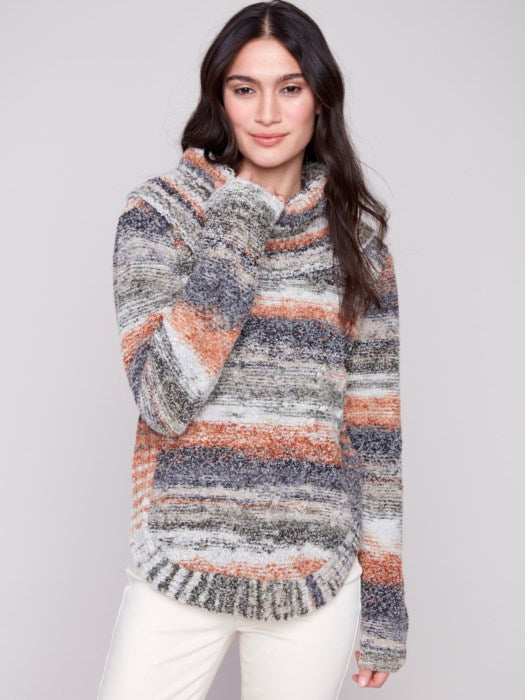 Charlie B fall sweater with oversized cowl and rounded hem