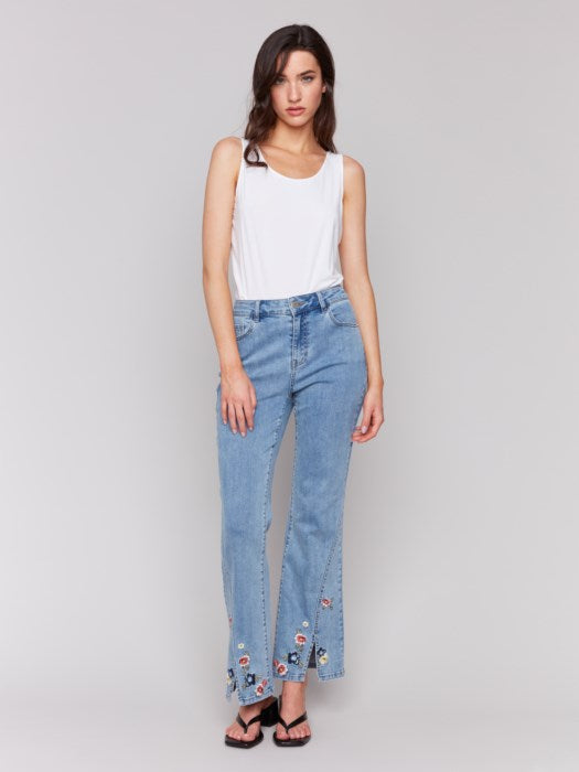 Charlie B Floral Embroidered Bootcut Jean Light Blue