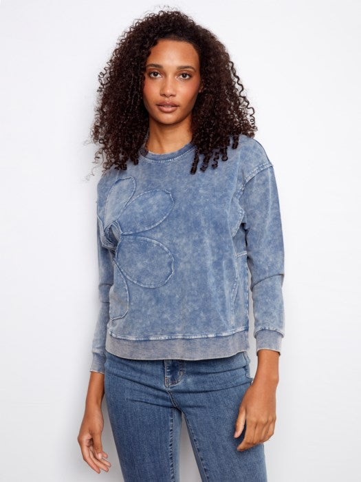 Charlie B Flower Appliqué Long Sleeve Top | Spring Sweatshirt