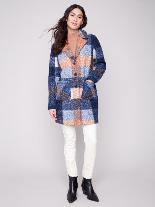 Plaid Bouclé Knit Coat | Charlie B Orange & Blue Fall Jacket