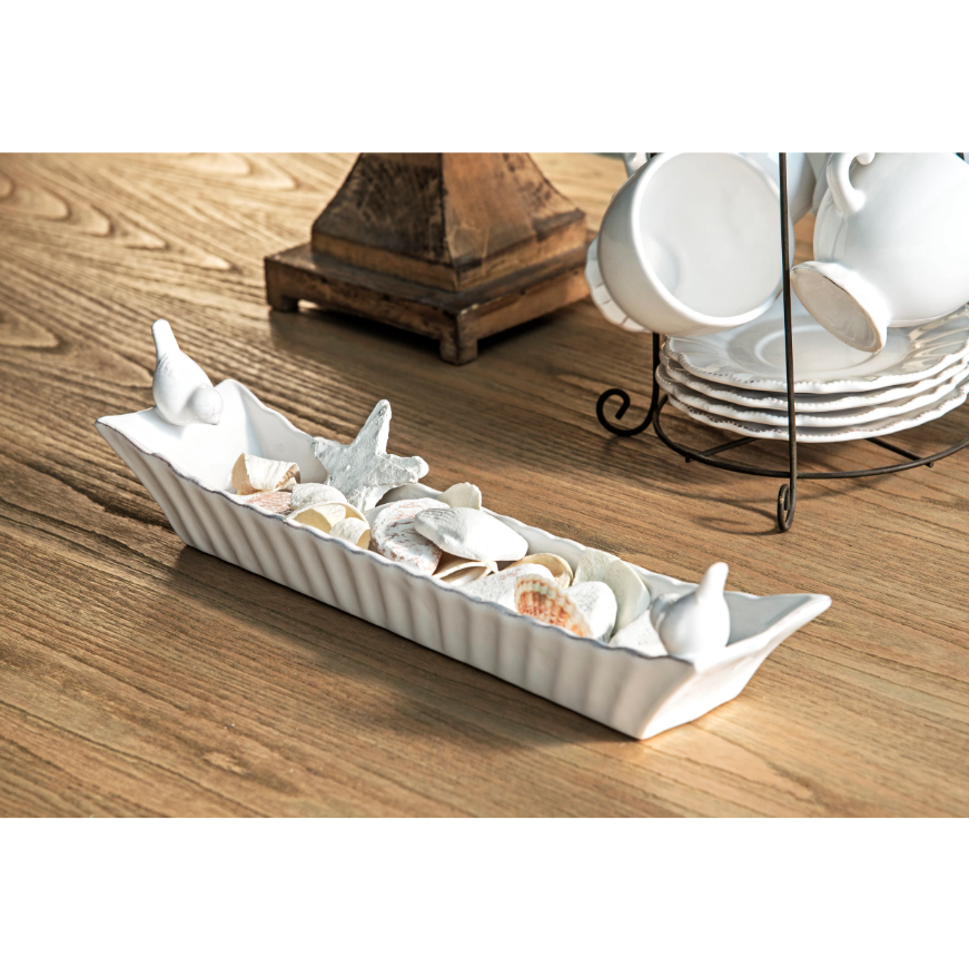 Ceramic Cracker Dish with 2 Birds displayed with decorative shell collection