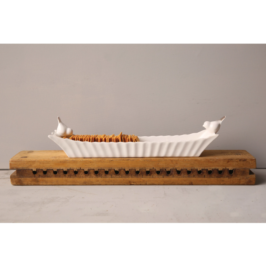 Ceramic Cracker Dish with 2 Birds displayed with crackers for hosting