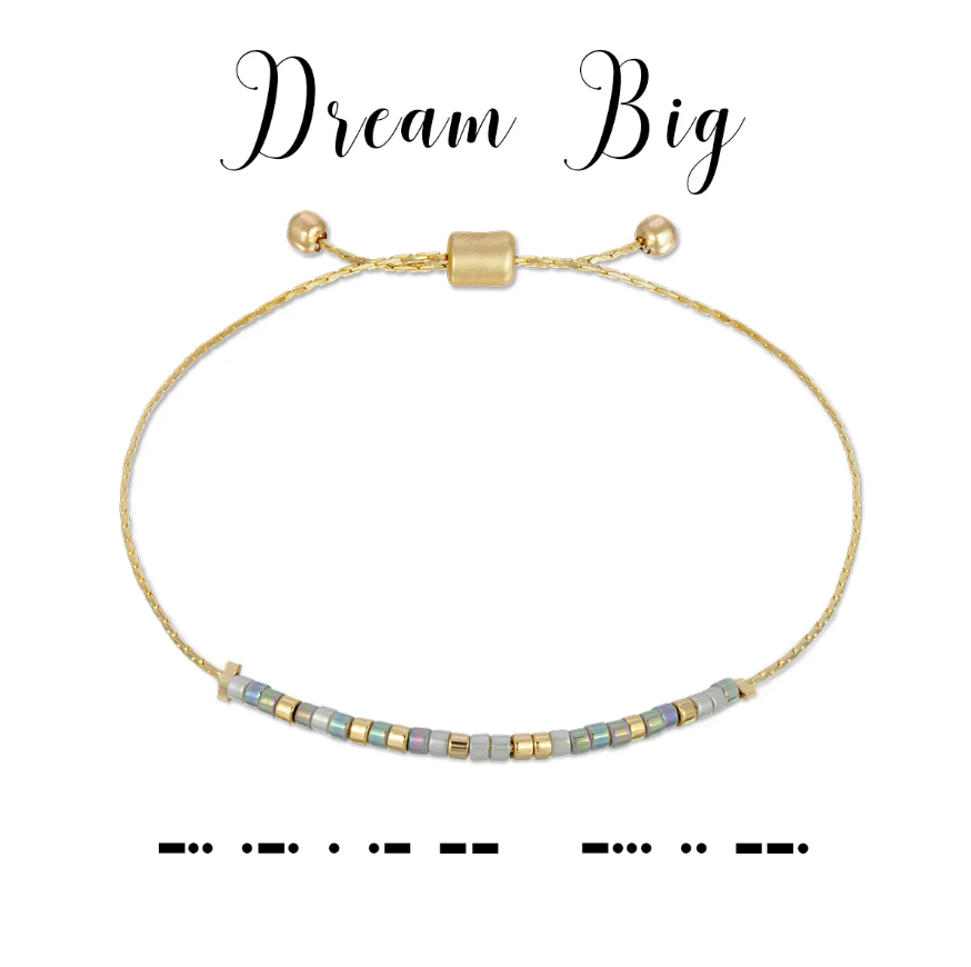 Dream Big Morse Code Bracelet with Iridescent Gray Beads