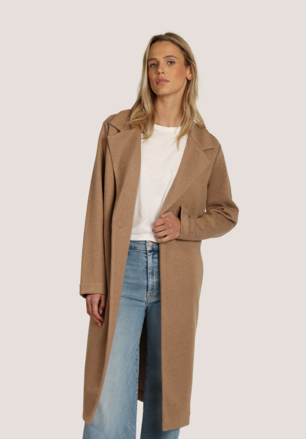 Dylan Rowan Coat in long, chic design with notch collar