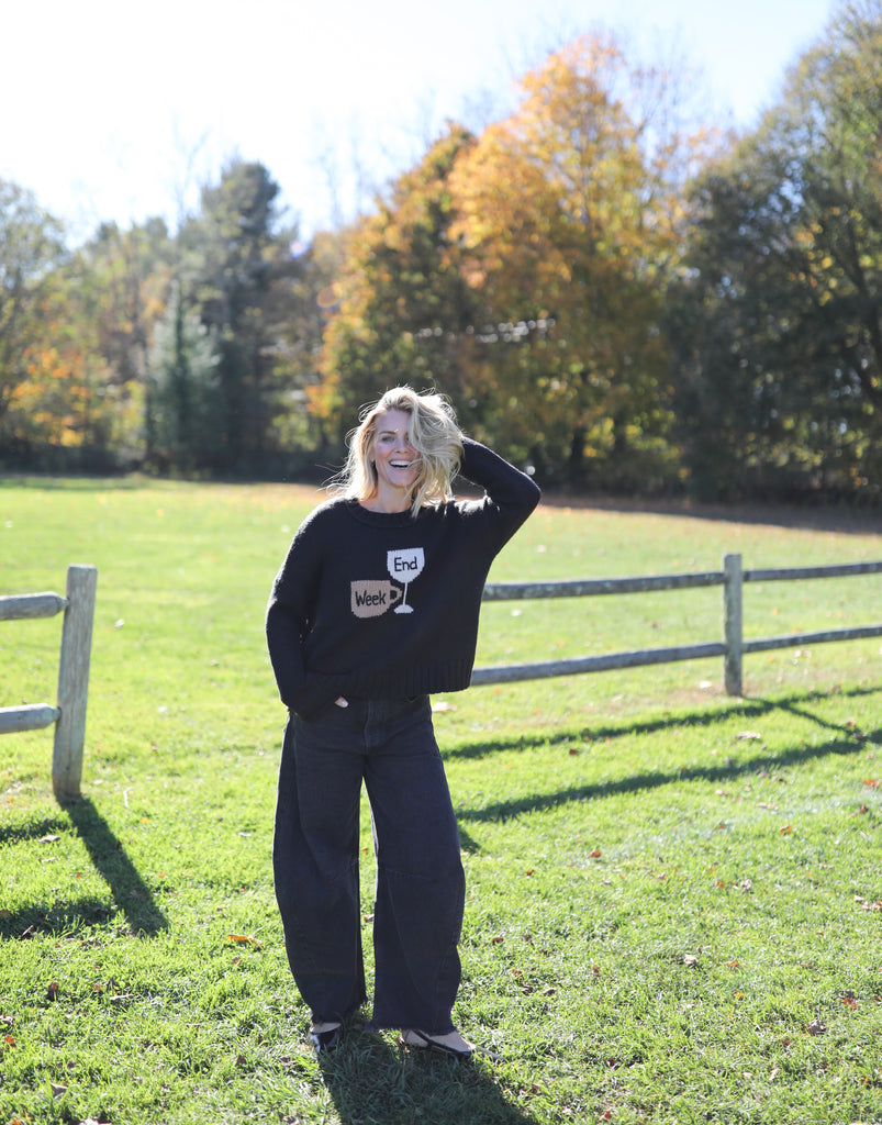 Relaxed boxy crewneck sweater with coffee and wine graphic