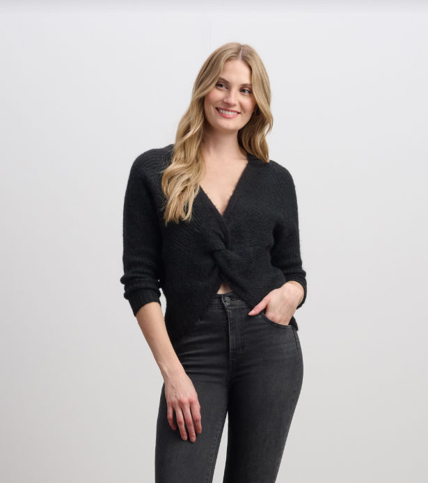 Front view of Hatley Cross Over Sweater with twisted front detail