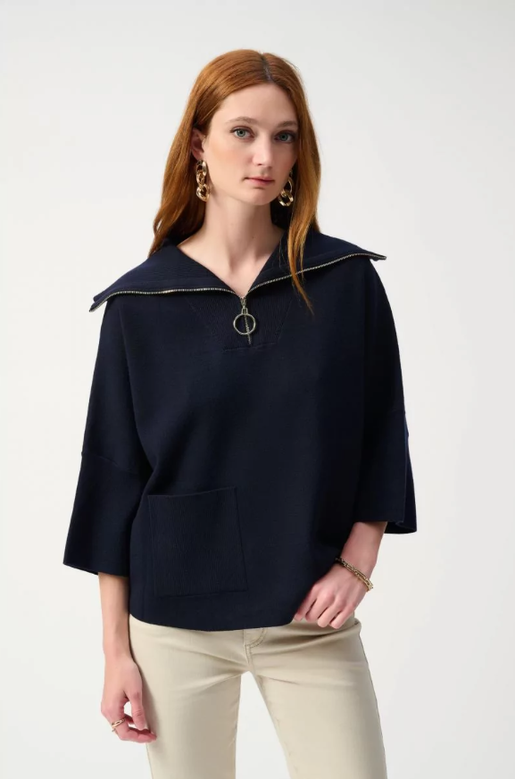 Joseph Ribkoff Jacquard Zipped Collar Sweater Midnight Blue