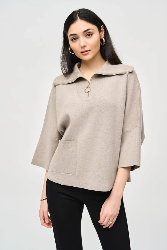 Joseph Ribkoff Jacquard Zip Collar Sweater Taupe Melange