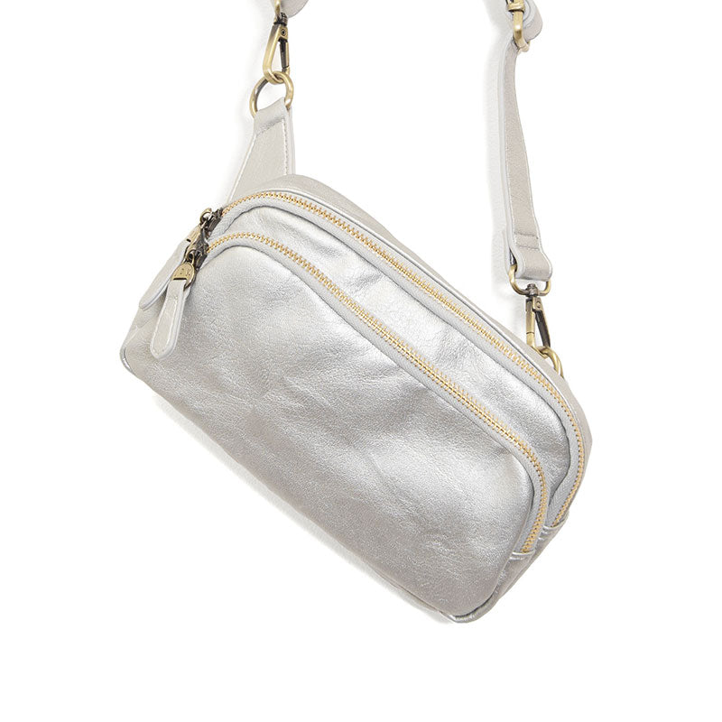 Joy Susan Kylie Double Zip Sling Belt Bag Metallic Silver