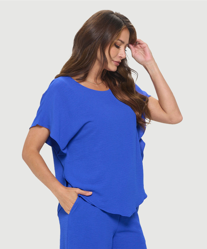 Last Tango Flowy Batwing Sleeve Airflow Top With Overlay Royal