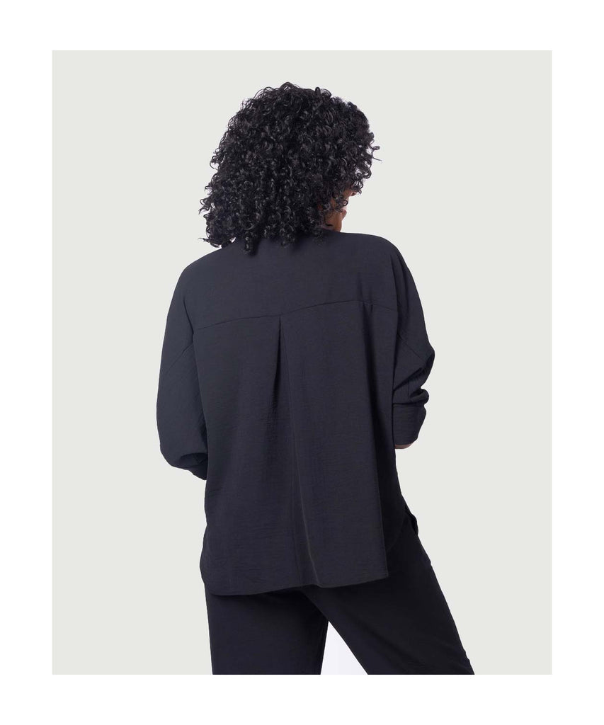 Last Tango Woven Half Placket Dolman Top Black