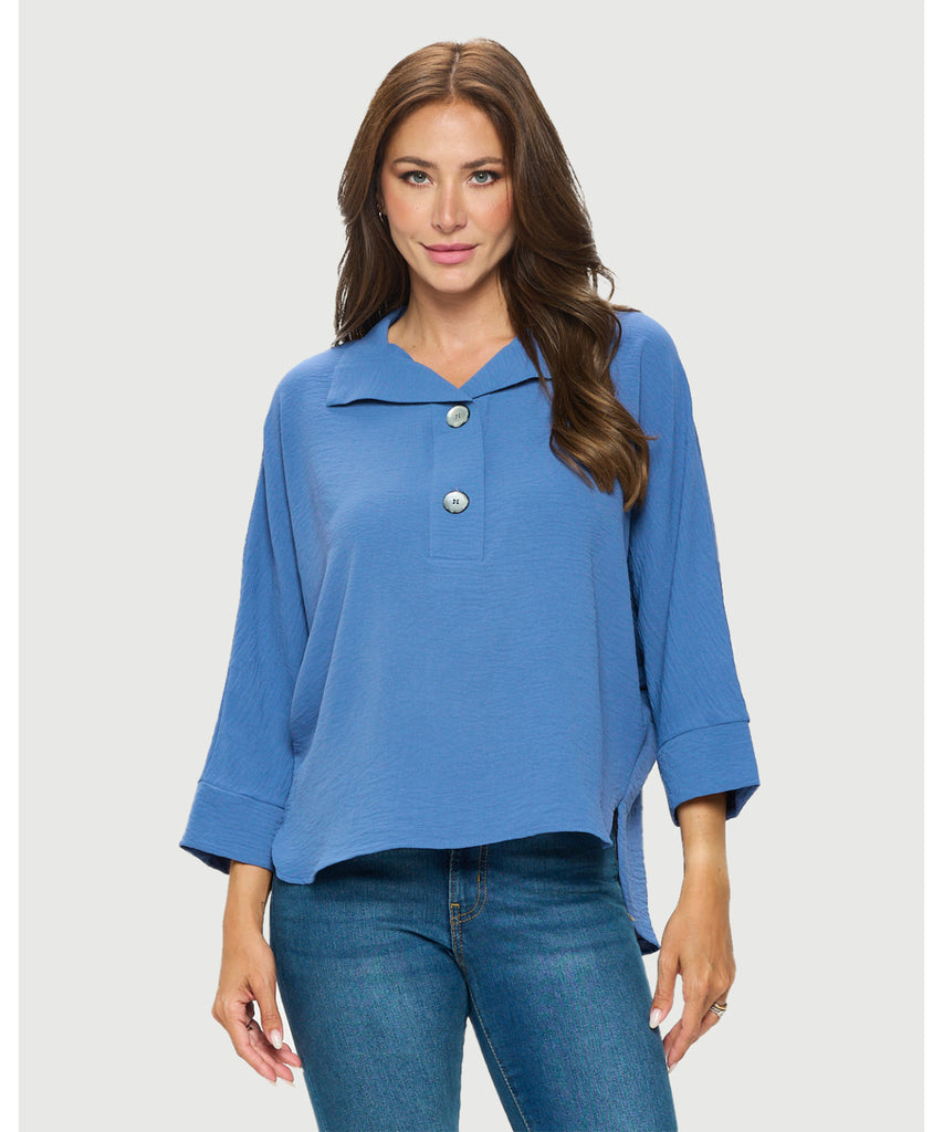 Last Tango Woven Half Placket Dolman Top Cornflower