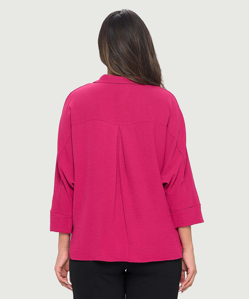 Last Tango Woven Half Placket Dolman Top Magenta