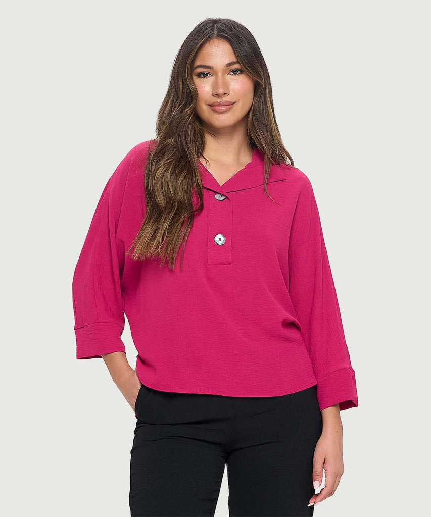 Last Tango Woven Half Placket Dolman Top Magenta