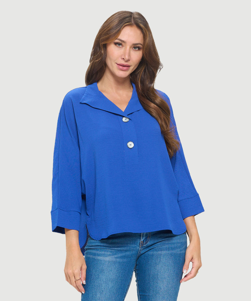 Last Tango Woven Half Placket Dolman Top Royal