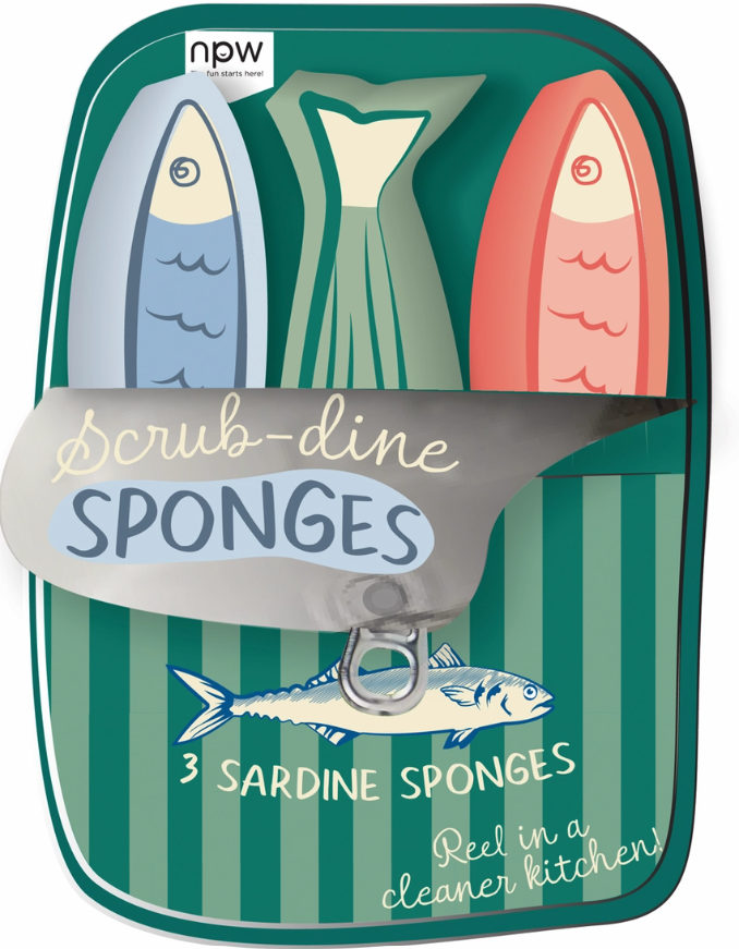 Set of three sardine-shaped kitchen sponges in bright colors