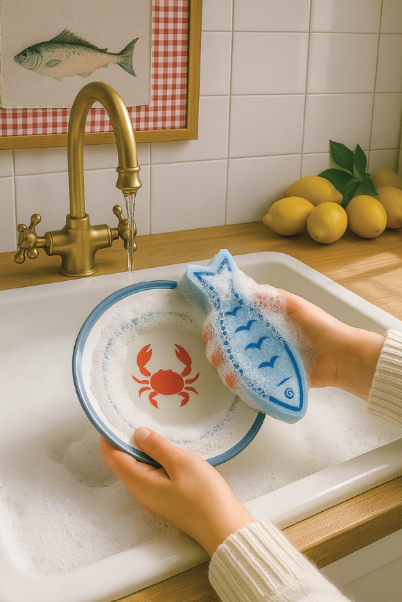 Close-up of sardine-themed scrub sponges for kitchen cleaning