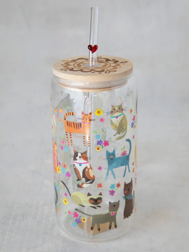 Natural Life Glass Tumbler With Lid & Straw Cat